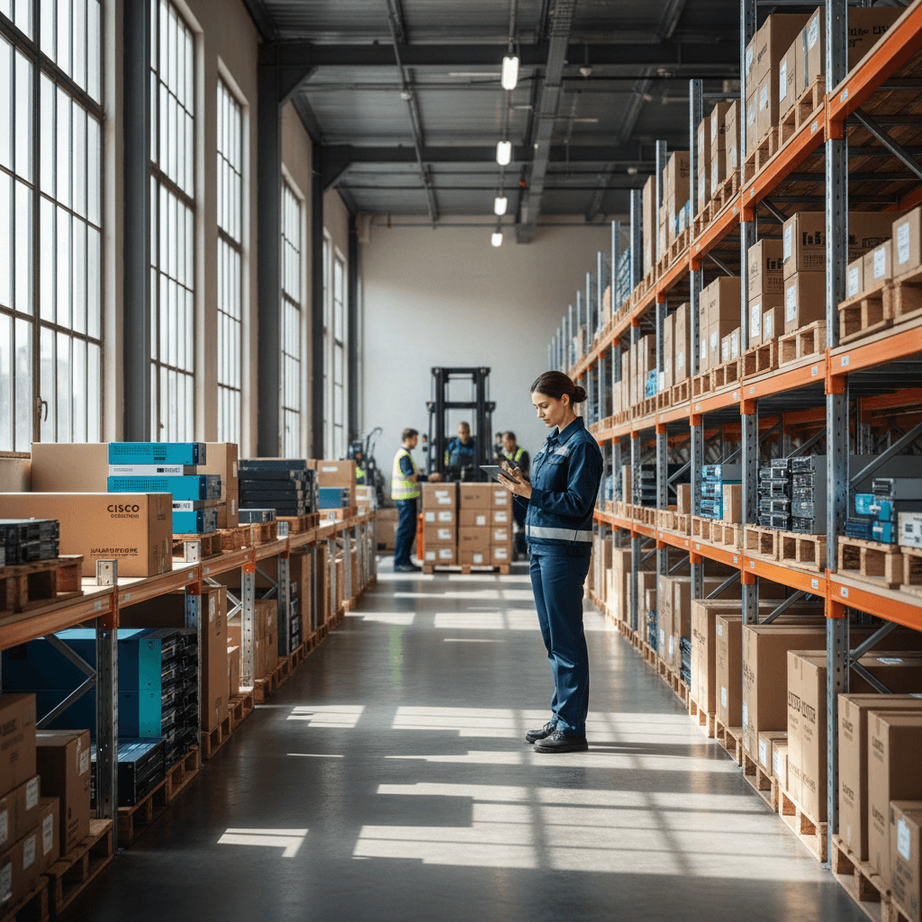 Industrial warehouse distribution center with organized IT networking equipment and server racks