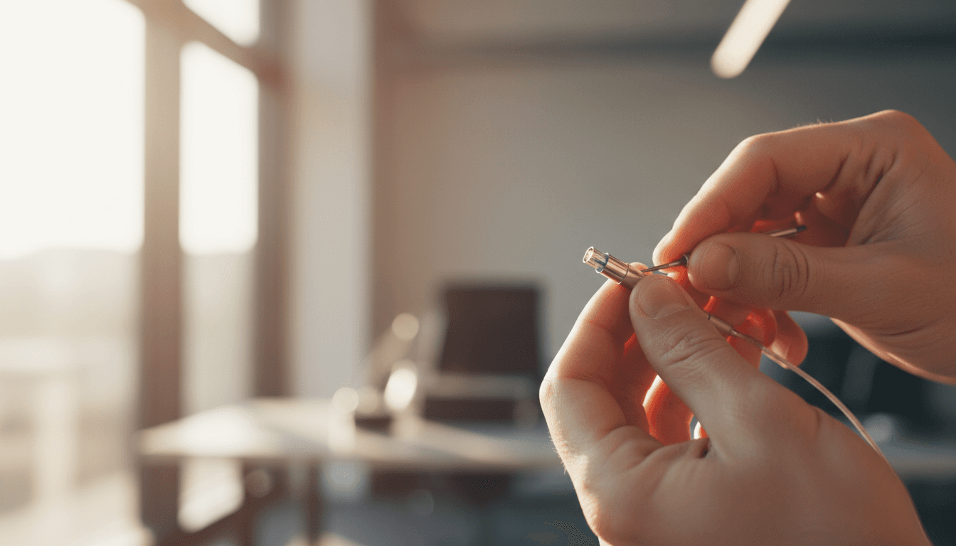 Professional examining fiber optic cable connector with precision