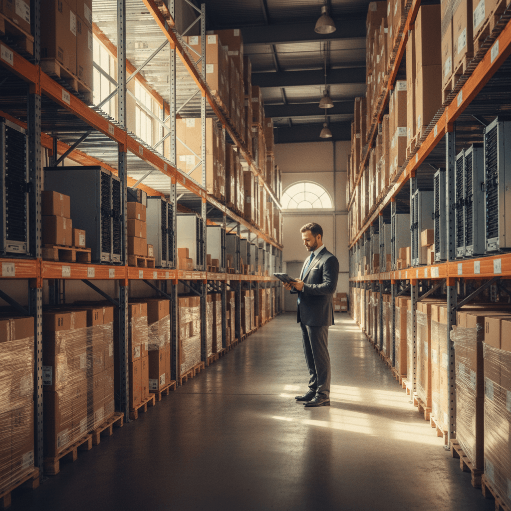 A vintage film photography aesthetic medium shot of a logistics warehouse with organized rows of packaged IT equipment and networking hardware