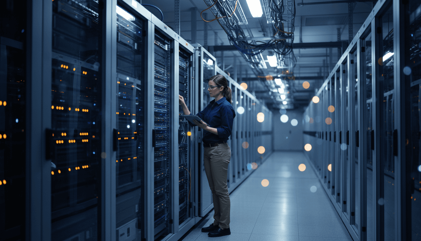 IT technician working with networking equipment in a modern data center