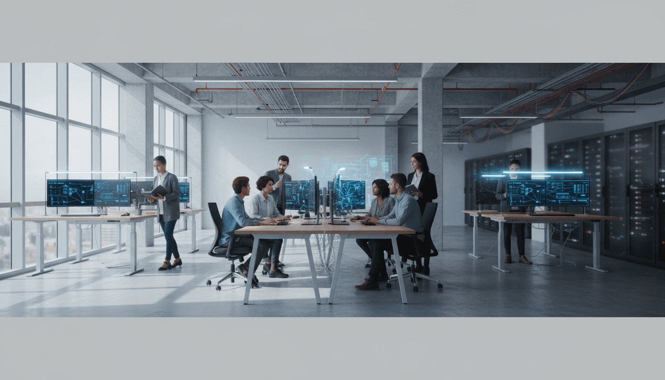 Team of IT professionals collaborating at workstations with network infrastructure displays in a modern Dubai office