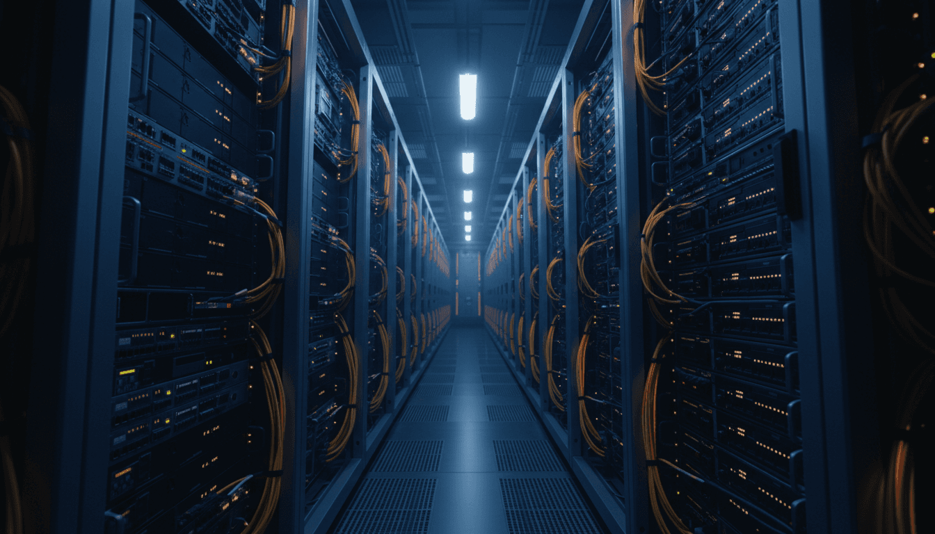 Modern data center with illuminated server racks and network equipment