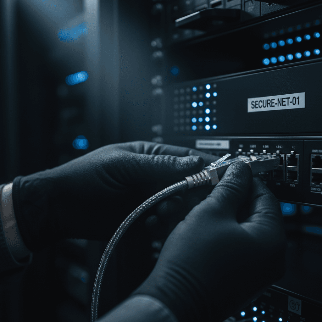 Technician installing IT infrastructure and network equipment