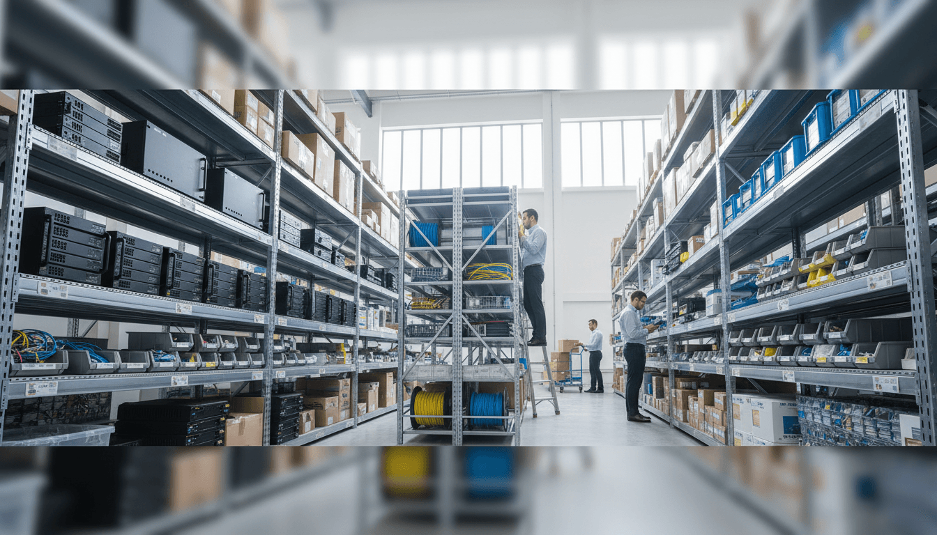 Industrial warehouse aesthetic with organized rows of IT networking equipment, server hardware, and telecommunications devices on metal shelving