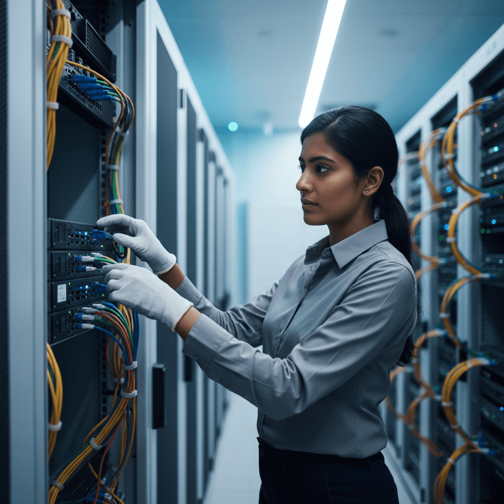 Industrial warehouse distribution center with organized IT networking equipment and server racks