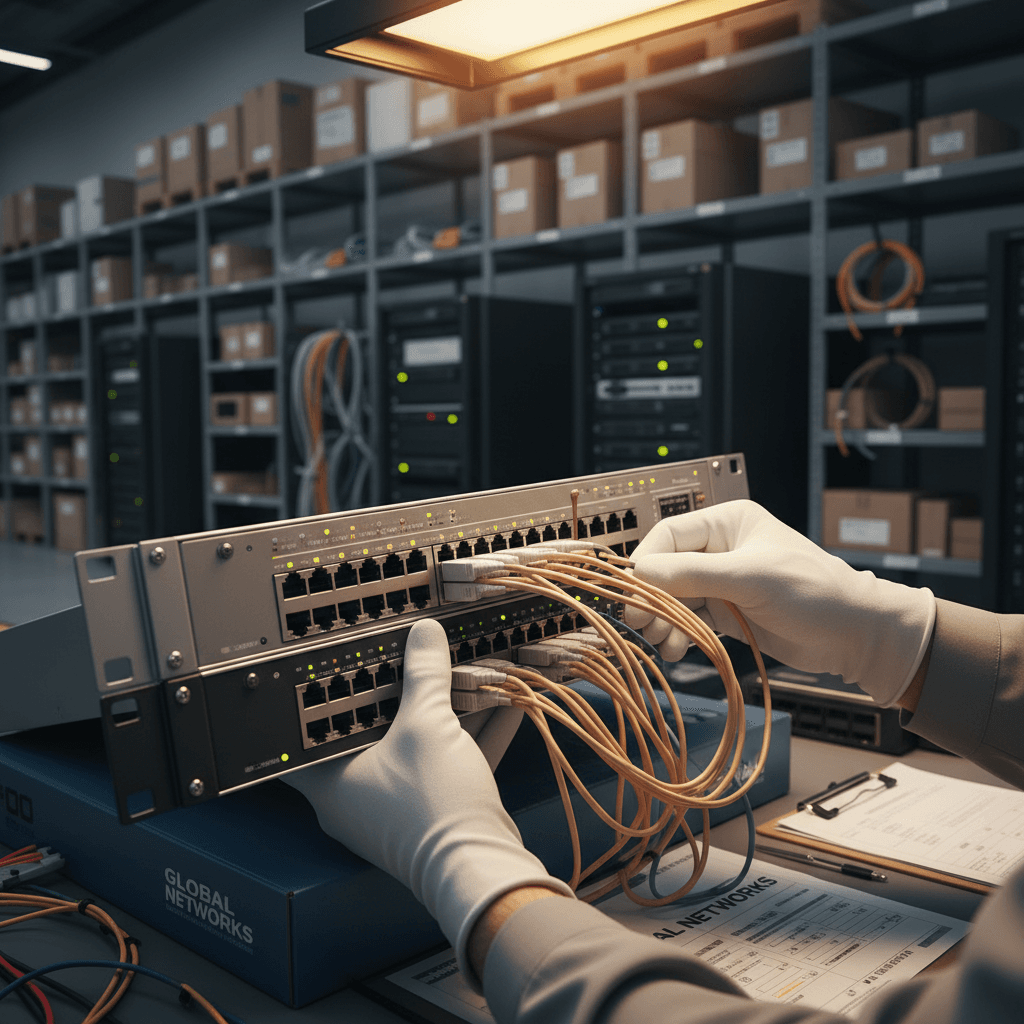 Technician inspecting telecom network hardware and cables