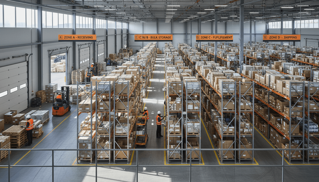 Distribution warehouse with organized IT equipment inventory